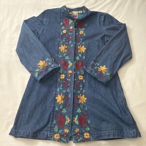 Original Anthony Blue Denim Jacket with Embroidered Flowers Size Small Clean Vtg